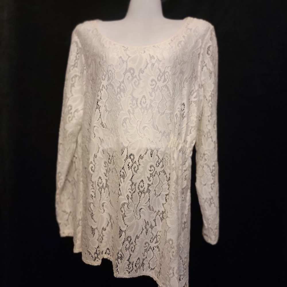 NWT: WHBM Asymmetrical Ecru Lace Tunic with Elastic Gather on One Side - Sz. XL